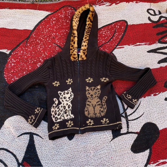 VTG HEARTWORKS BLACK RIBBED LEOPARD CAT GRAHIC ZIP UP SWEATER SIZE 4T - Picture 3 of 8